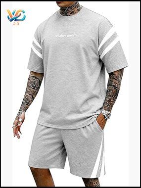 Mens 2 Piece Short Set Striped Tracksuit Summer Outfit Short Sleeve with Pockets